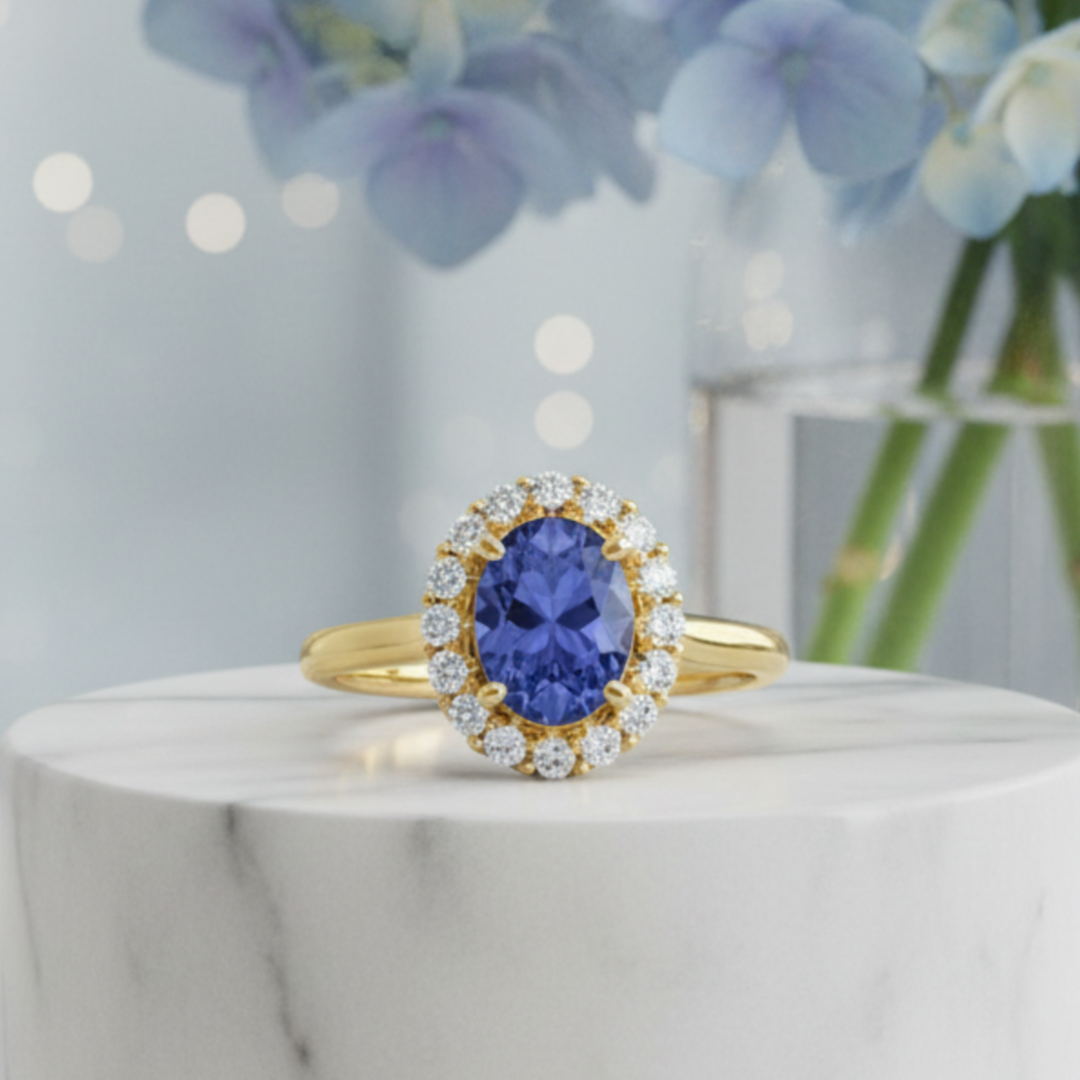 Oval Tanzanite Engagement Ring with Diamond Halo in Yellow Gold, Natural Tanzanite Ring, December Birthstone | Rare Earth Jewelry