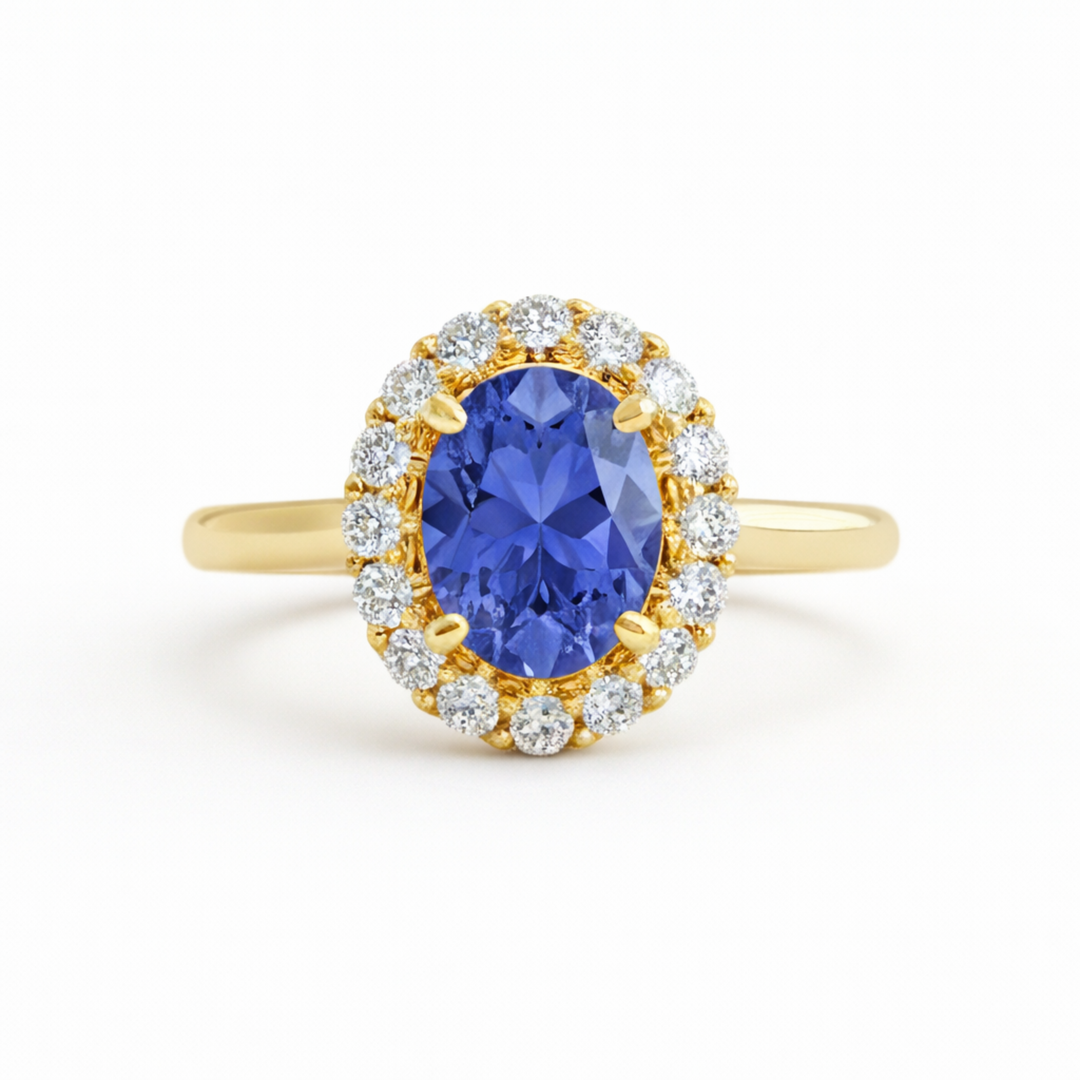 Oval Tanzanite Engagement Ring with Vintage Style Diamond Halo in 14K Yellow Gold, December Birthstone Ring | Rare Earth Jewelry