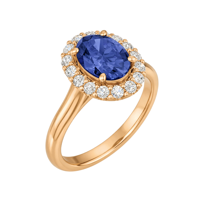 Oval Tanzanite Ring with Diamond Halo in Rose Gold, Blue Stone Engagement Ring | Rare Earth Jewelry