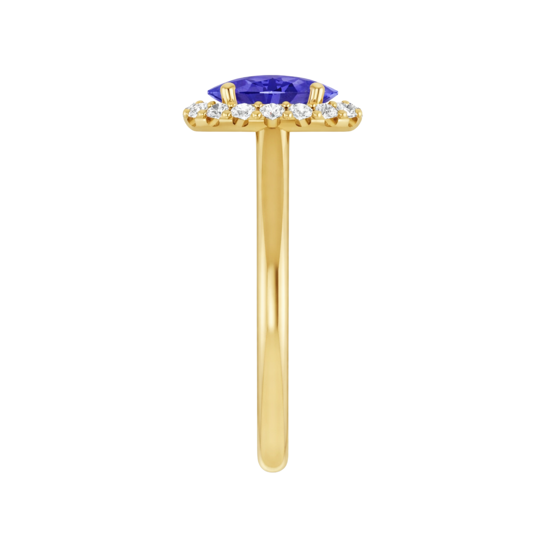 Side Profile of Oval Tanzanite Engagement Ring with Diamond Halo Setting | Rare Earth Jewelry