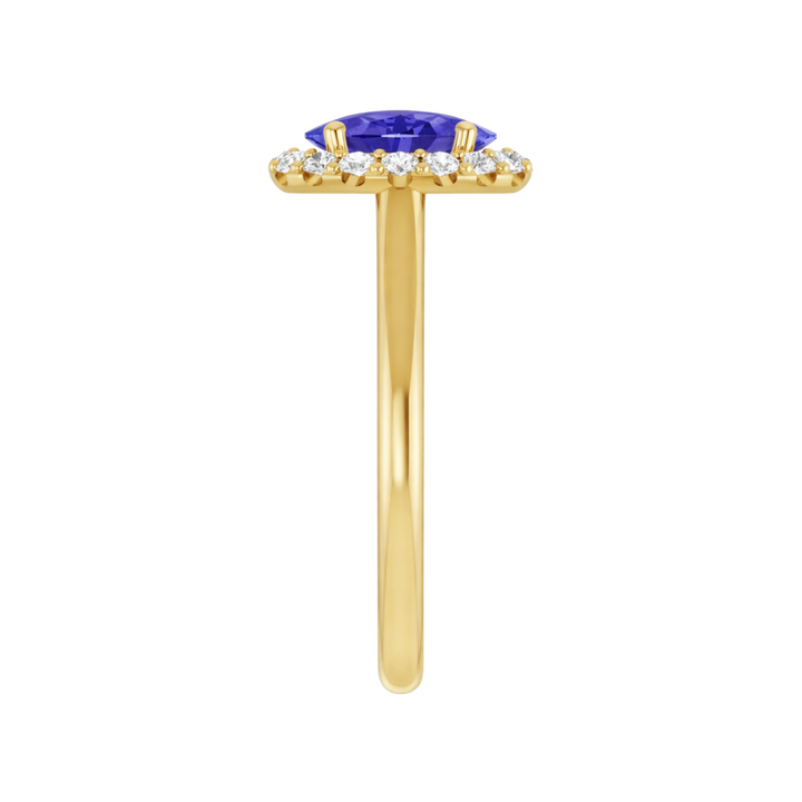 Side Profile of Oval Tanzanite Engagement Ring with Diamond Halo Setting | Rare Earth Jewelry