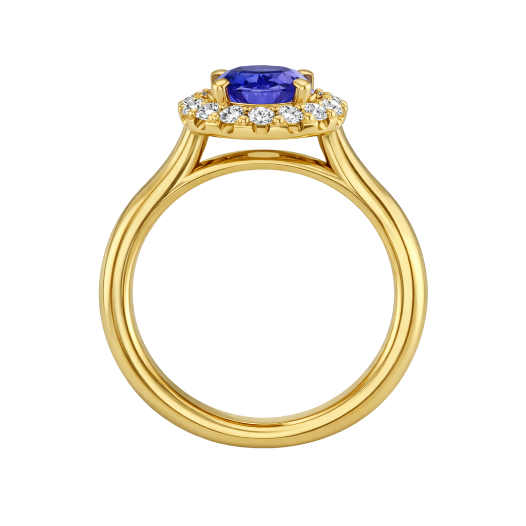 Oval Tanzanite Engagement Ring with Diamond Halo and Classic Gallery Cathedral Setting | Rare Earth Jewelry