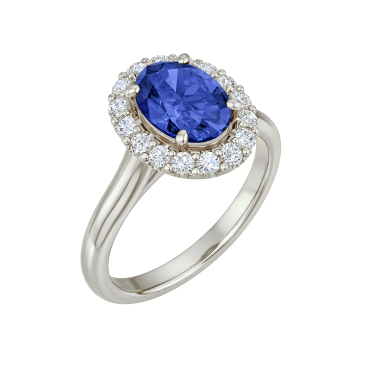 Natural Tanzanite Engagement Ring, Vintage Inspired Oval Diamond Halo in White Gold | Rare Earth Jewelry