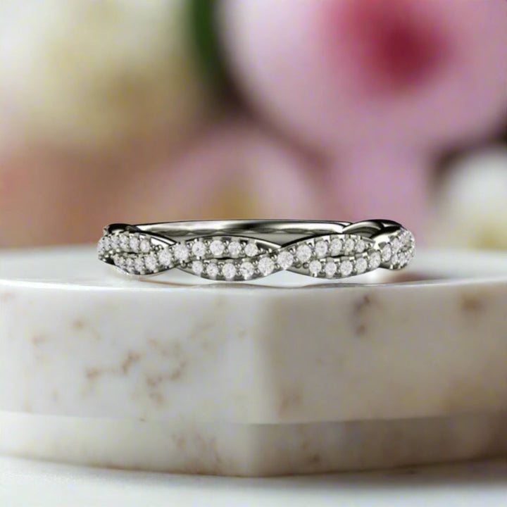 Pave Diamond Infinity Wedding Band, Twisted Double Band Criss Cross Diamond Ring in Gold or Platinum | Rare Earth Jewelry