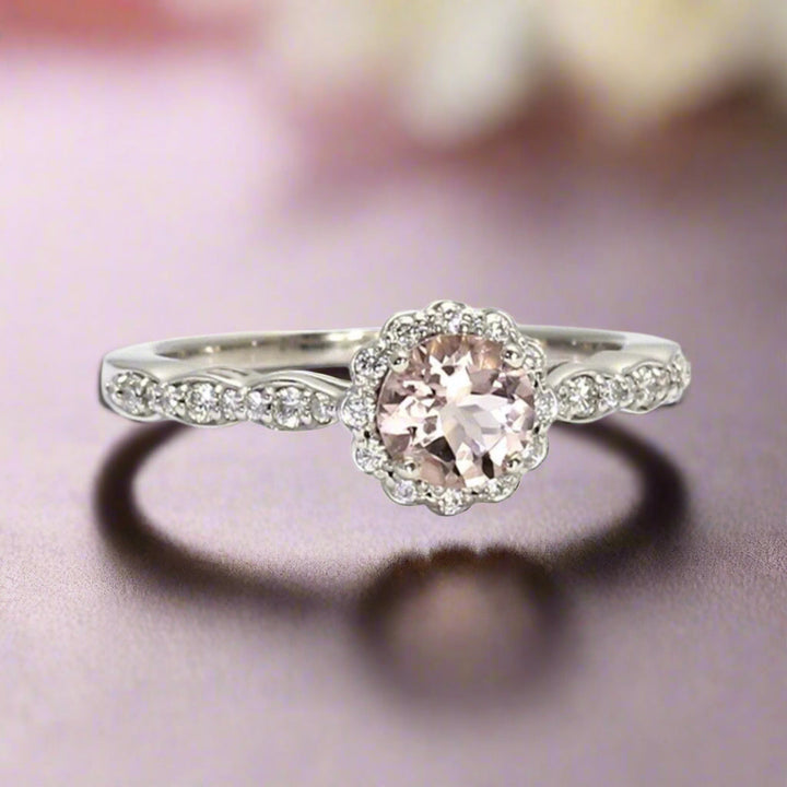 Round Morganite Engagement Ring, Peach Pink Natural Gemstone, Vintage Style Setting with Diamond Accents and Scalloped Band | Rare Earth Jewelry