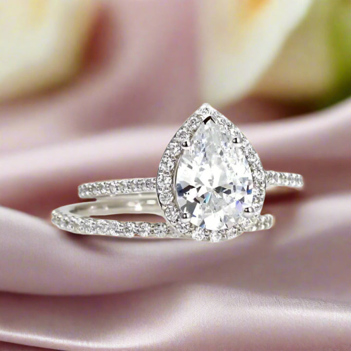 Pear Cut Moissanite Engagement Ring, Pear Shaped Diamond Halo, Pave Cathedral Setting with Hidden Diamonds | Rare Earth Jewelry