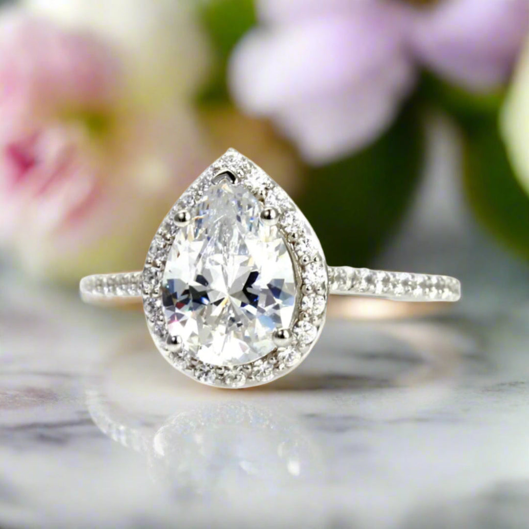 Pear Cut Moissanite Engagement Ring, Pave Diamond Halo Cathedral Setting in Gold or Platinum | Rare Earth Jewelry