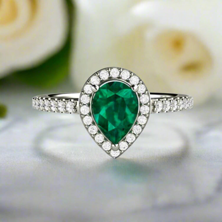Pear Cut Natural Emerald Engagement Ring with Pave Set Diamond Halo in 14K or 18K Gold or Platinum | Rare Earth Jewelry