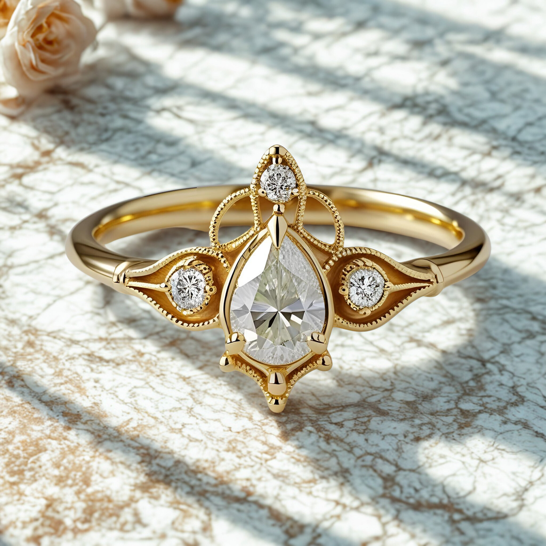 Pear cut diamond engagement ring with crown-inspired detailing, vintage milgrain accents, romantic Edwardian style craftsmanship. Unique Custom Engagement Rings | Rare Earth Jewelry