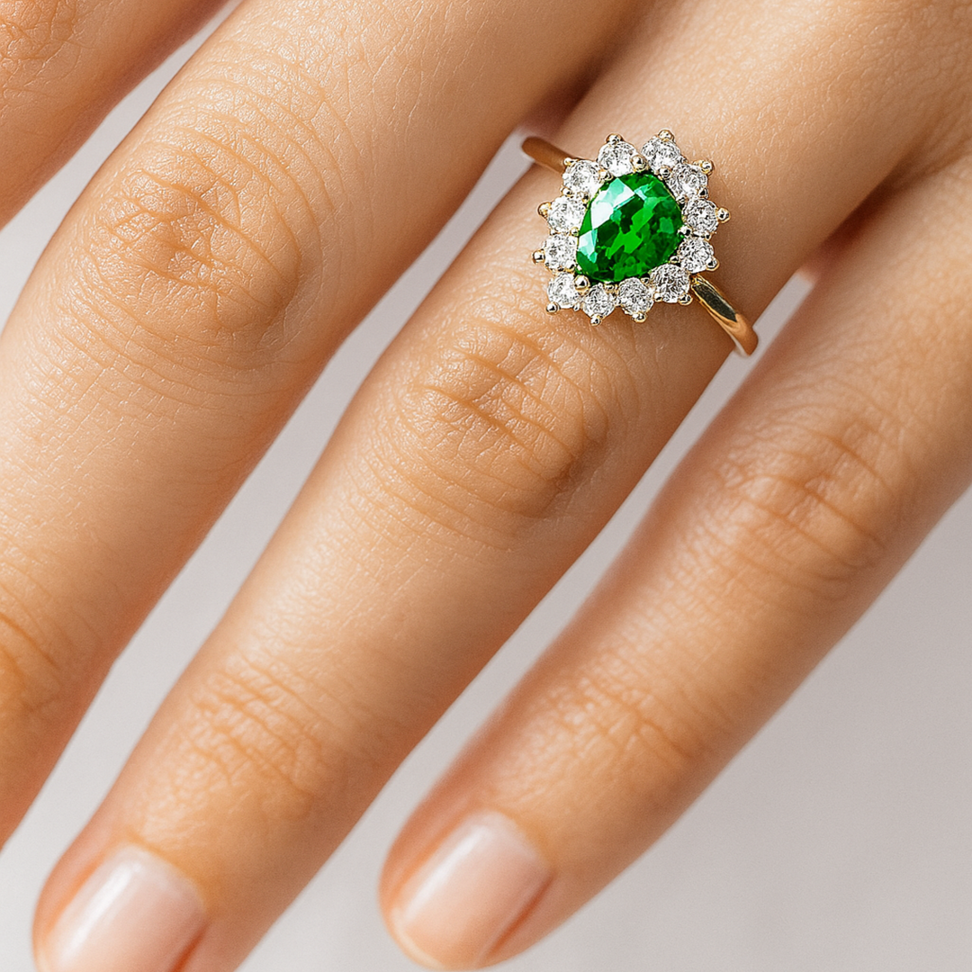 Pear Shaped Tsavorite Garnet Engagement Ring on Hand, Pear Cut Green Garnet Ring in Gold or Platinum | Rare Earth Jewelry