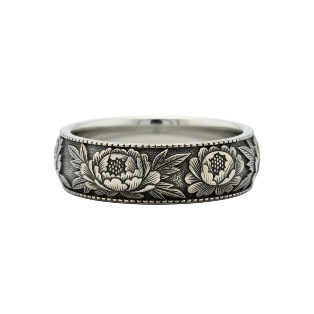 Vintage style floral engraved wedding band with detailed peony flower design, nature inspired botanical ring with an antique patina finish, 8mm wide in 14K White Gold | Rare Earth Jewelry