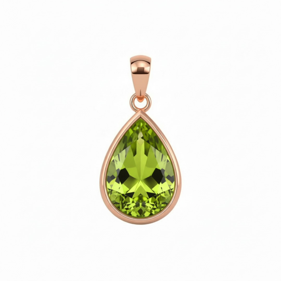 14K Rose Gold Peridot Pendant in Modern Bezel Set Design, Pear Cut Peridot Necklace, August Birthstone | Rare Earth Jewelry