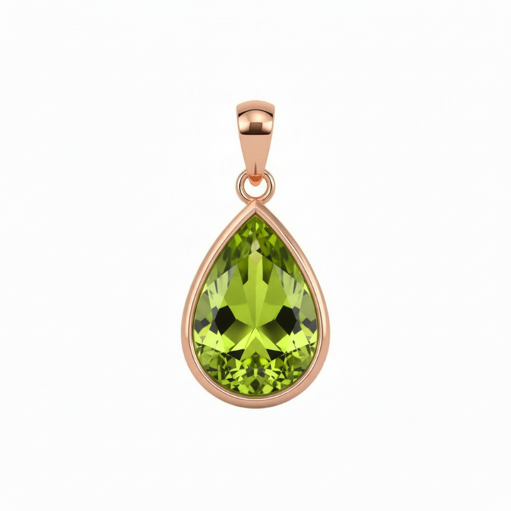 14K Rose Gold Peridot Pendant in Modern Bezel Set Design, Pear Cut Peridot Necklace, August Birthstone | Rare Earth Jewelry