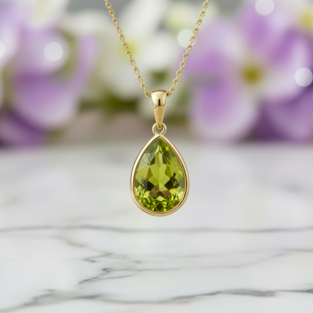 A modern pear cut Peridot pendant necklace in 14K Gold bezel set design.  Natural green gemstone pendant, August birthstone jewelry | Rare Earth Jewelry