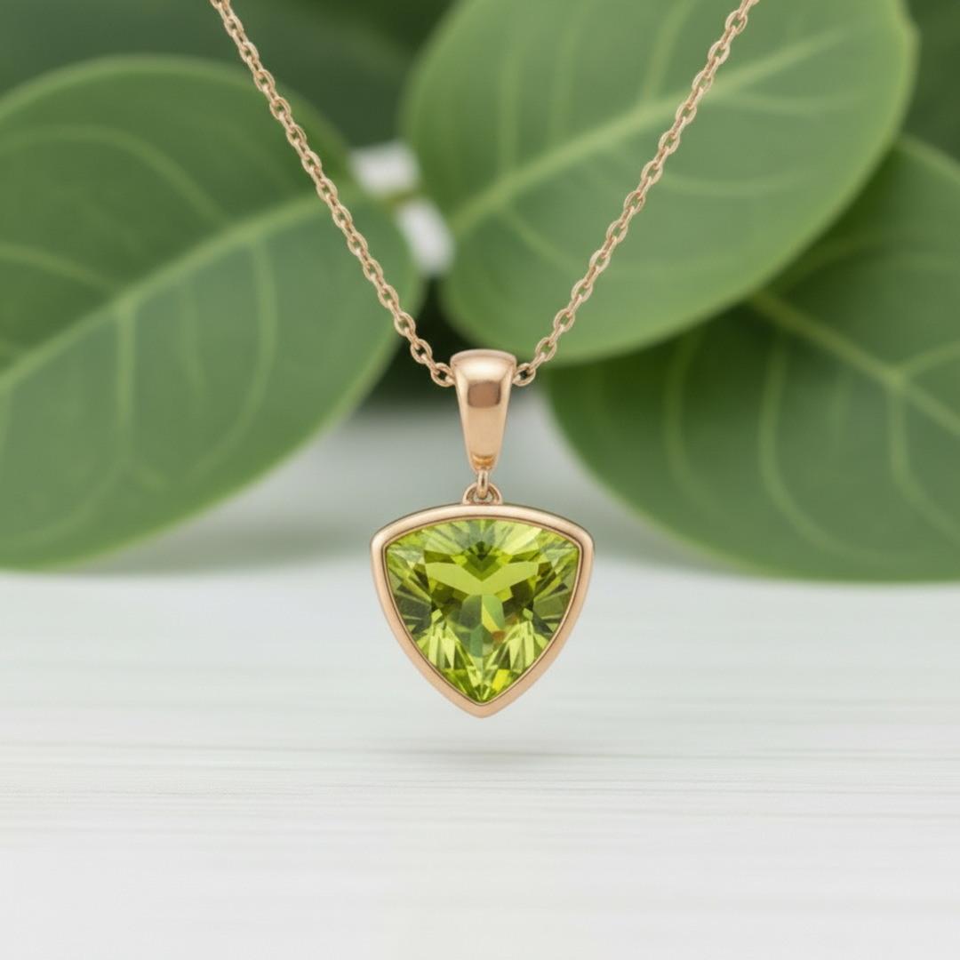 Trillion cut peridot pendant necklace in 14K rose gold, modern bezel set triangle design, natural green gemstone necklace | Rare Earth Jewelry