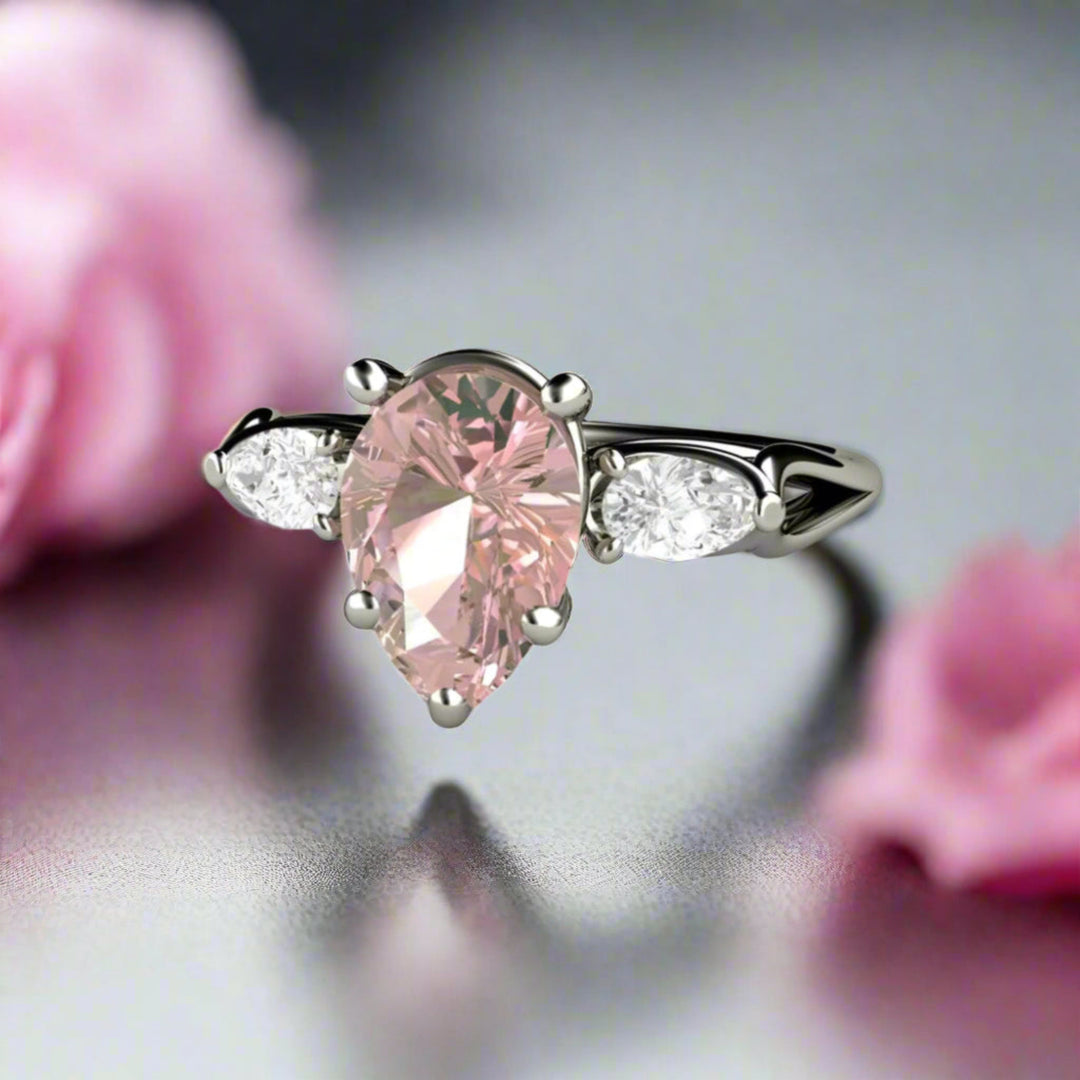 Pear Cut Pink Moissanite Engagement Ring, Three Stone Design in Gold or Platinum | Rare Earth Jewelry