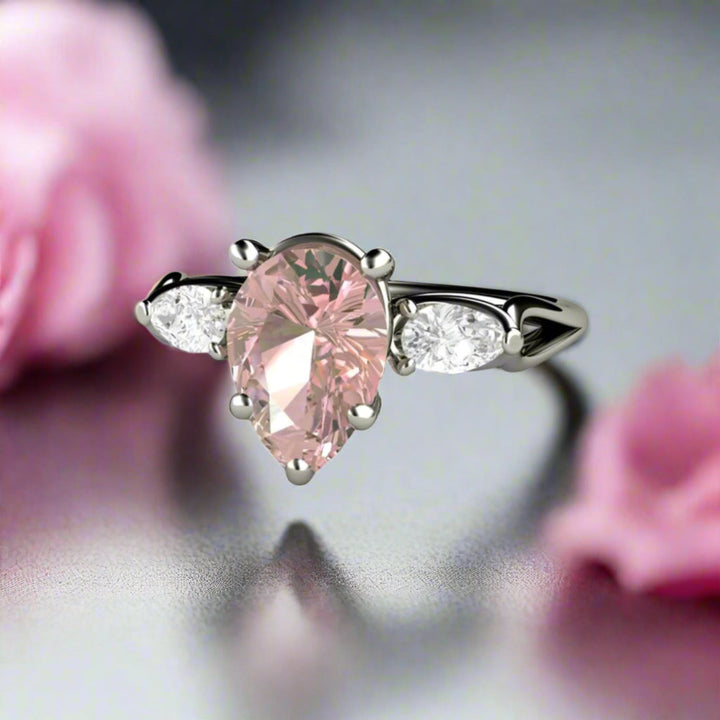 Pear Cut Pink Moissanite Engagement Ring, Three Stone Design in Gold or Platinum | Rare Earth Jewelry