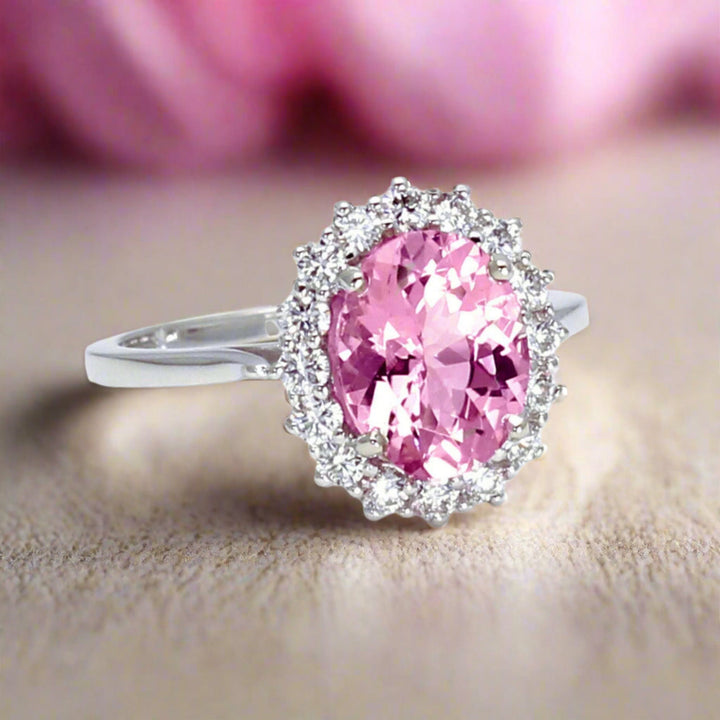 Oval Pink Moissanite Engagement Ring, Vintage Style Halo, Pink Gemstone Cocktail Ring in Gold or Platinum | Rare Earth Jewelry