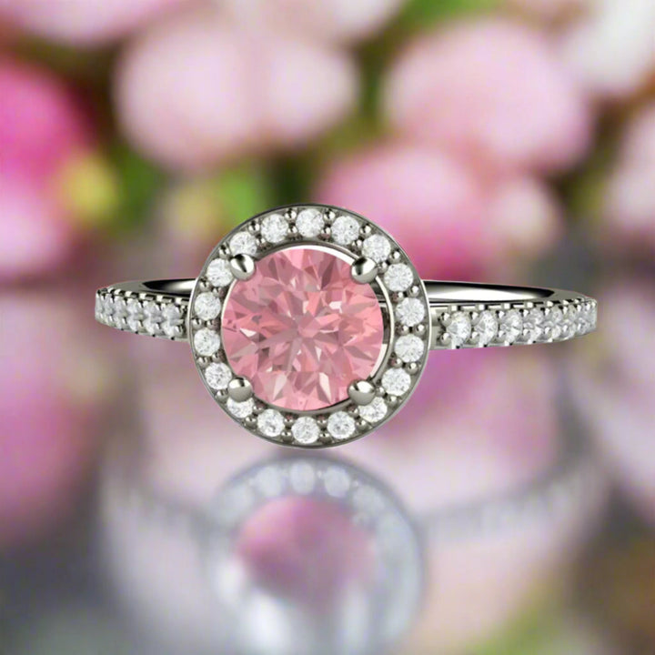 Lab Grown Pink Sapphire Engagement Ring, Round Cathedral Setting with Diamond Halo on Petite, Thin Band | Rare Earth Jewelry