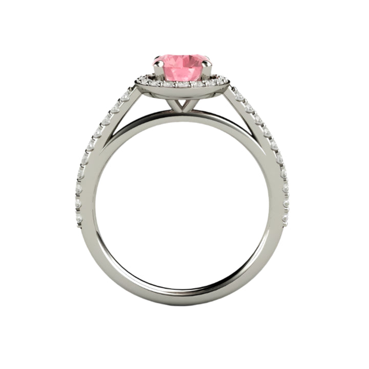 Pink Sapphire Engagement Ring, Round Petite Pave Cathedral Halo in Gold or Platinum | Rare Earth Jewelry