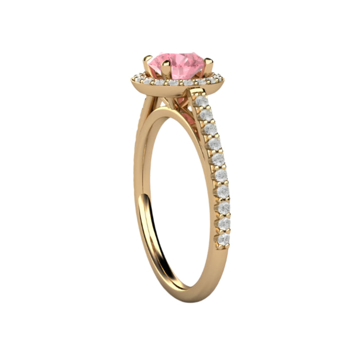 Pink Sapphire and Diamond Ring, Round Halo with Diamond Accents on a Thin Band, Feminine and Unique | Rare Earth Jewelry