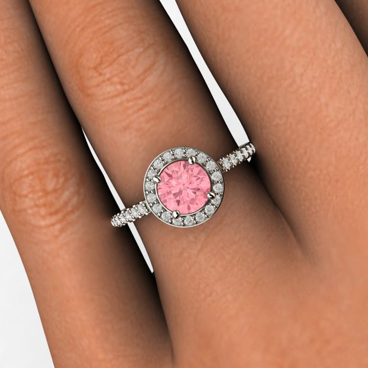 Round Pink Sapphire Engagement Ring on the Hand, Pave Diamond Halo Design | Rare Earth Jewelry
