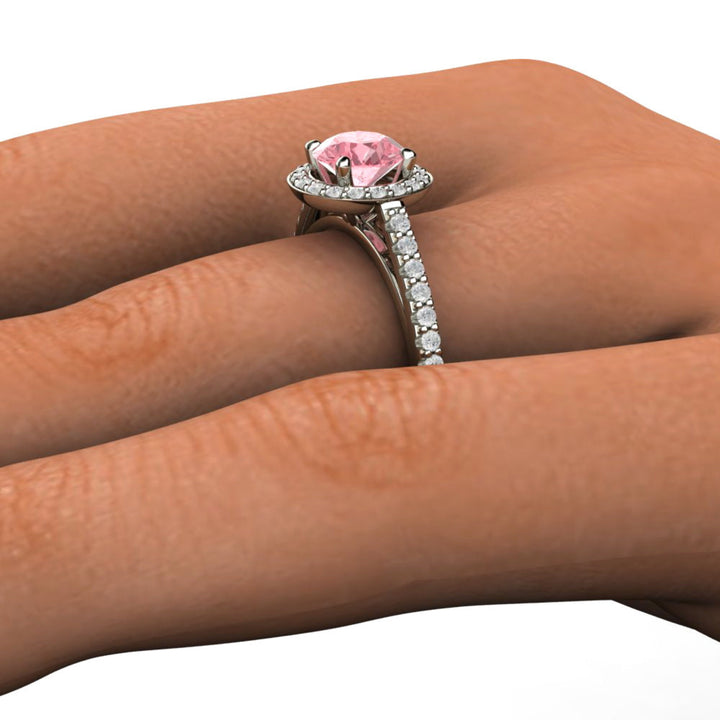 6mm Round Pink Sapphire Engagement Ring on the Finger, Diamond Halo Cathedral Setting | Rare Earth Jewelry