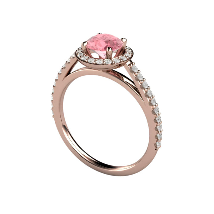 Pink Sapphire Engagement Ring in Rose Gold Cathedral Setting with Pave Diamond Accents, Romantic and Feminine Engagement Ring | Rare Earth Jewelry