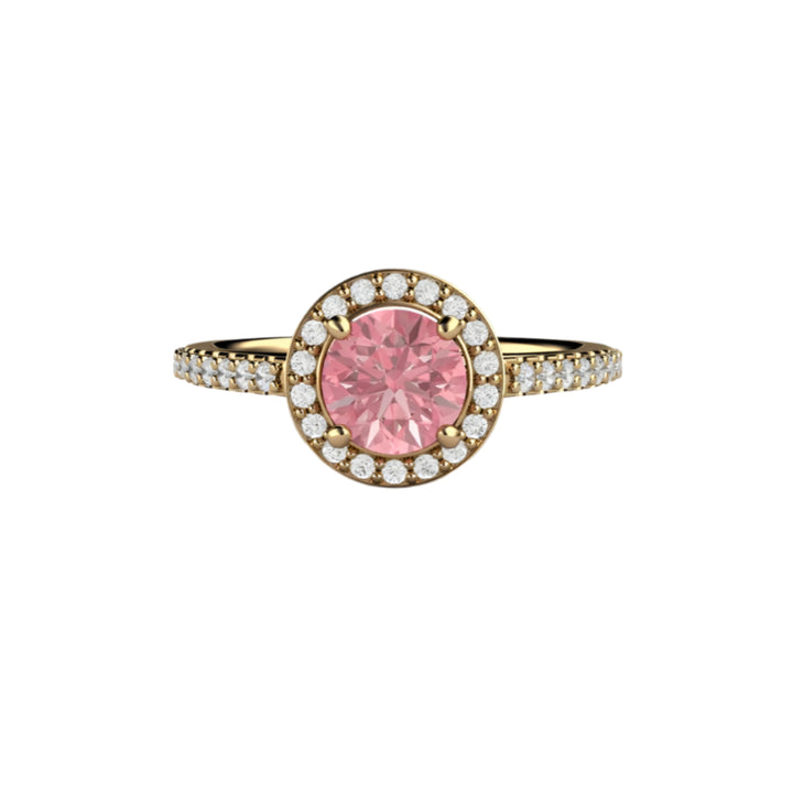 Pink Sapphire Engagement Ring, Round Diamond Halo in Yellow Gold with Lab Grown Pink Sapphire | Rare Earth Jewelry