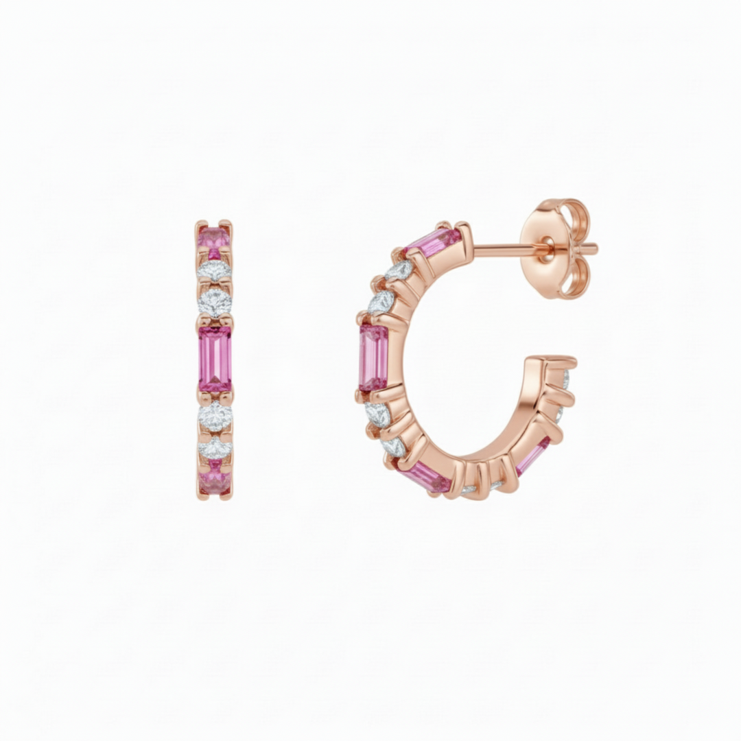 14K Pink Tourmaline Hoop Earrings with Diamonds, Natural Tourmaline Earrings with Baguettes, Shown in Rose Gold.  Pink stone hoops, October  Birthday Gift | Rare Earth Jewelry