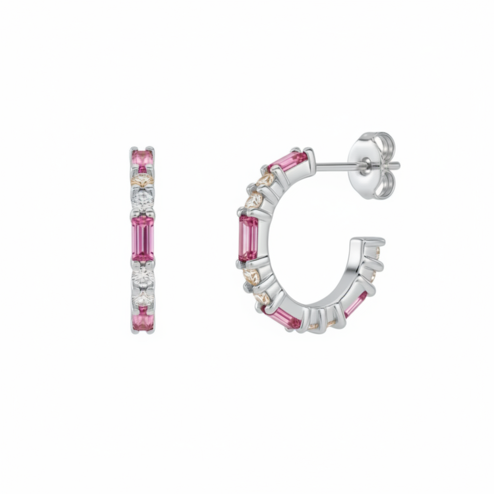 14K Natural Pink Tourmaline Diamond Hoop Earrings, with alternating Tourmaline Baguettes and Round Diamonds.  October Birthstone Earrings shown in White Gold | Rare Earth Jewelry