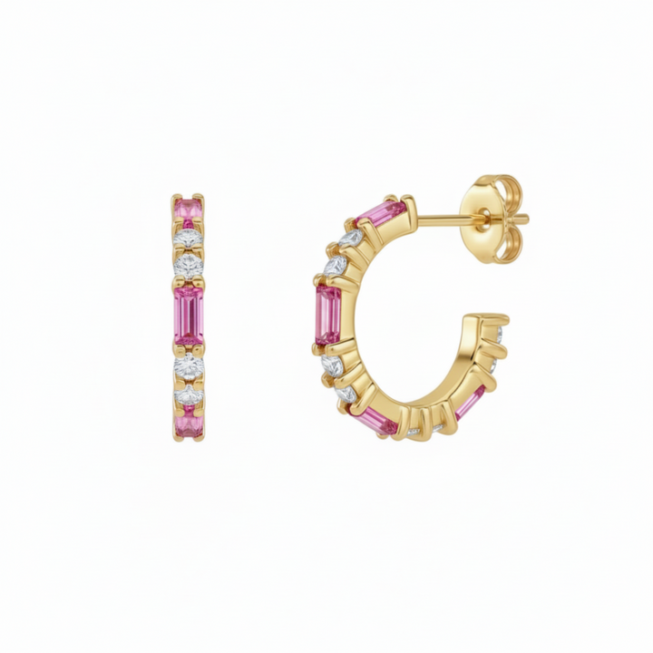 14K Pink Tourmaline and Diamond Hoop Earrings with Alternating Natural Tourmaline Baguettes and Round Diamonds, shown in Yellow Gold.  October Birthstone Earrings, Pink Gemstone Hoops | Rare Earth Jewelry