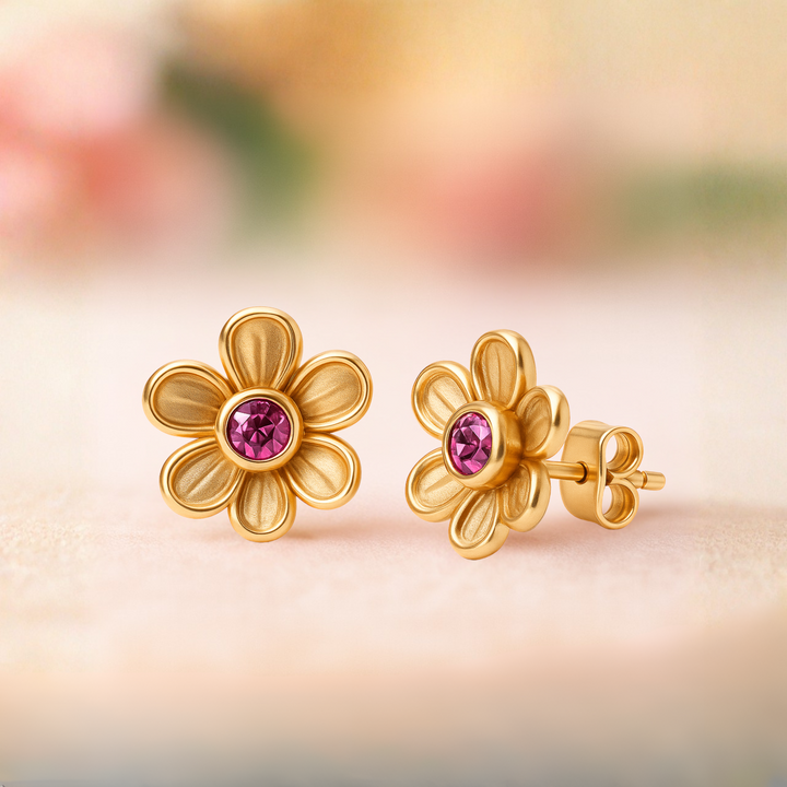 Pink tourmaline stud earrings in a  gold flower design. Natural gemstone earrings available in 14K or 18K Gold. Floral shaped October birthstone earrings. Perfect birthday gift or push present. | Rare Earth Jewelry