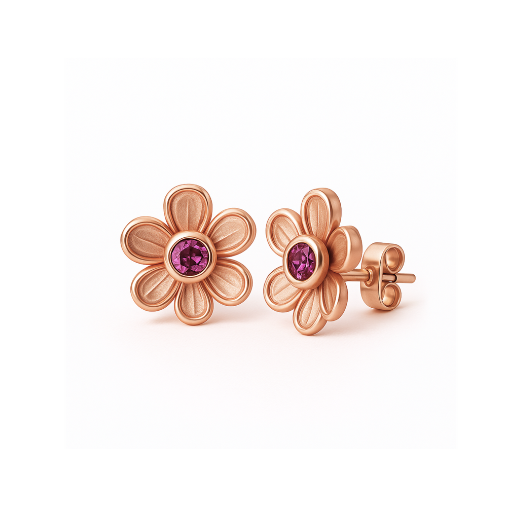 Pink tourmaline stud earrings in a rose gold floral design. Natural gemstone earrings available in 14K or 18K Gold. Flower shaped October birthstone earrings. Perfect birthday gift or push present. | Rare Earth Jewelry