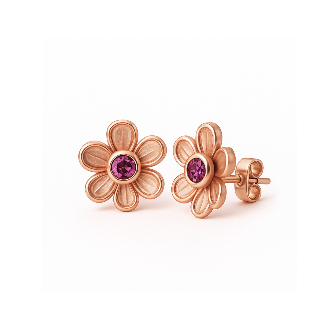 Pink tourmaline stud earrings in a rose gold floral design. Natural gemstone earrings available in 14K or 18K Gold. Flower shaped October birthstone earrings. Perfect birthday gift or push present. | Rare Earth Jewelry