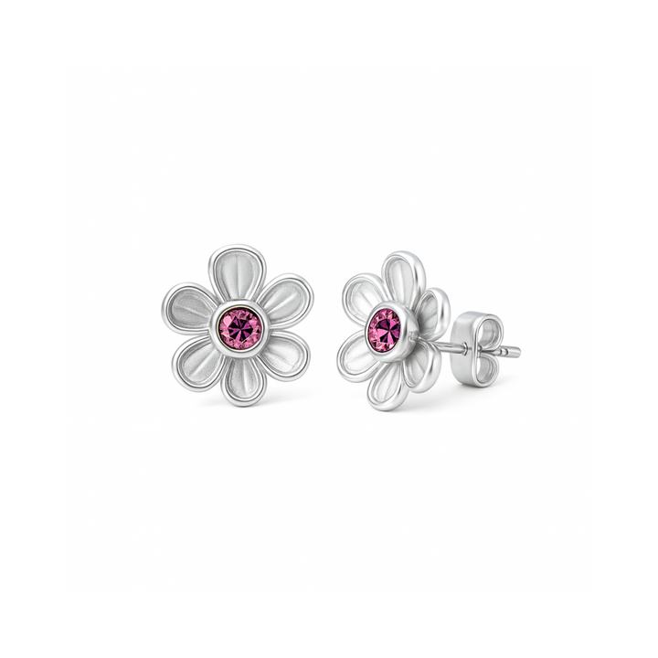 Pink tourmaline stud earrings in a white gold floral design. Natural gemstone earrings available in 14K or 18K Gold. Flower shaped October birthstone earrings. Perfect birthday gift or push present. | Rare Earth Jewelry