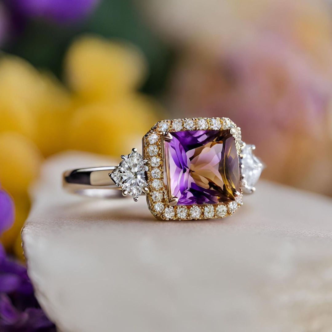 Princess cut Ametrine engagement ring with diamonds, unique bi-color purple and yellow gemstone from Rare Earth Jewelry.