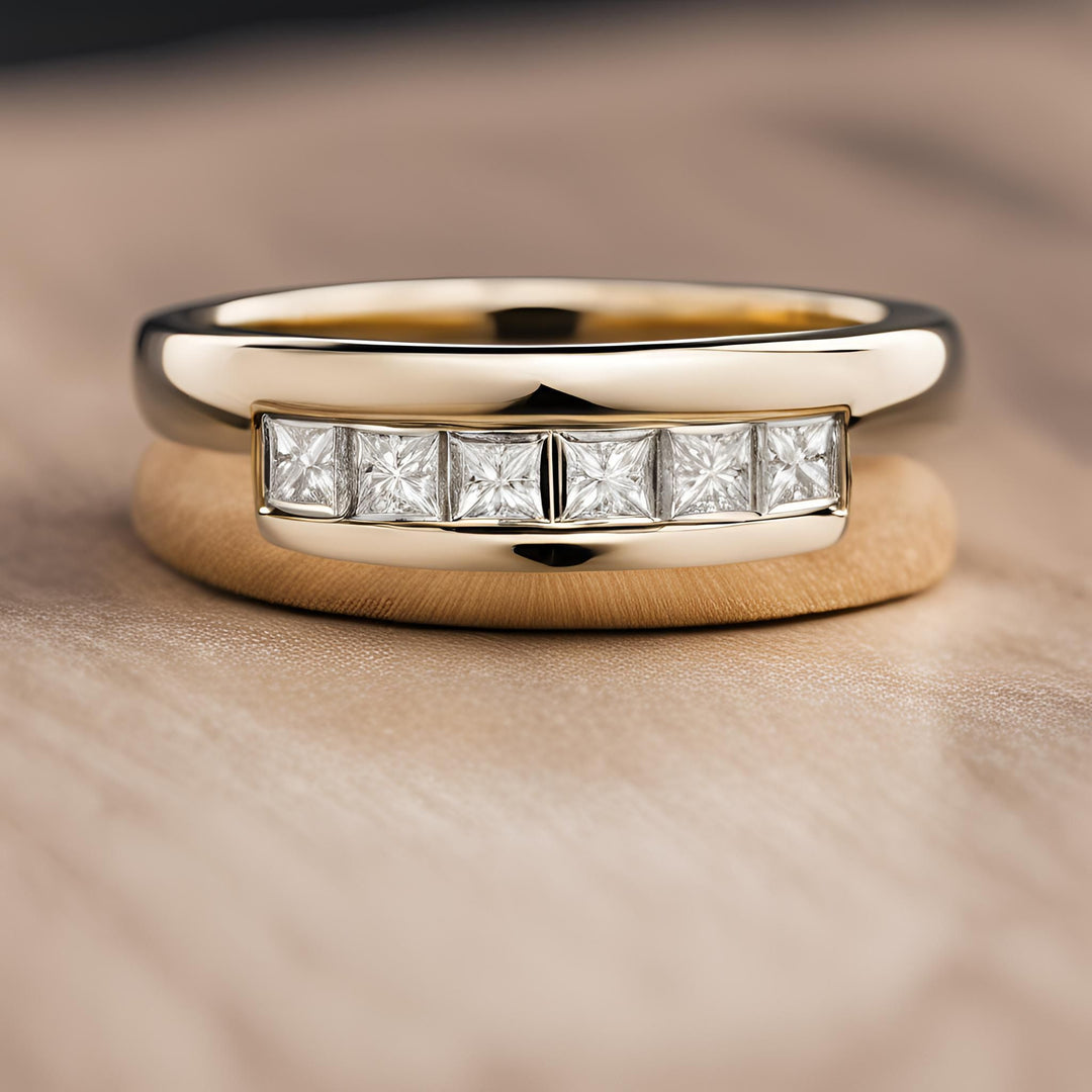 A princess cut diamond band, wedding ring with six square diamonds in 14K or 18K Gold from Rare Earth Jewelry.