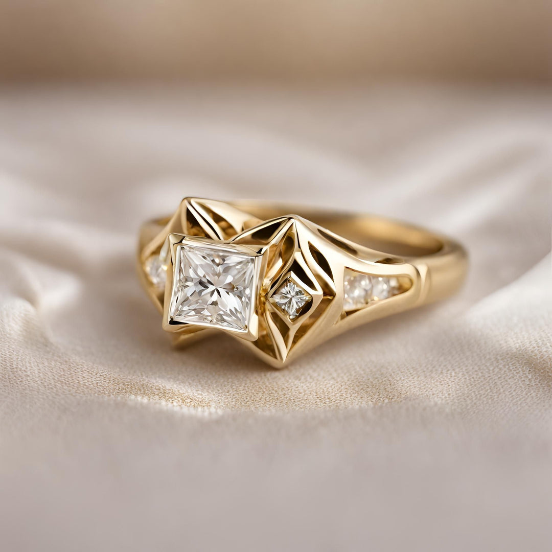 A princess cut diamond ring with a unique modern geometric design in yellow gold from Rare Earth Jewelry.