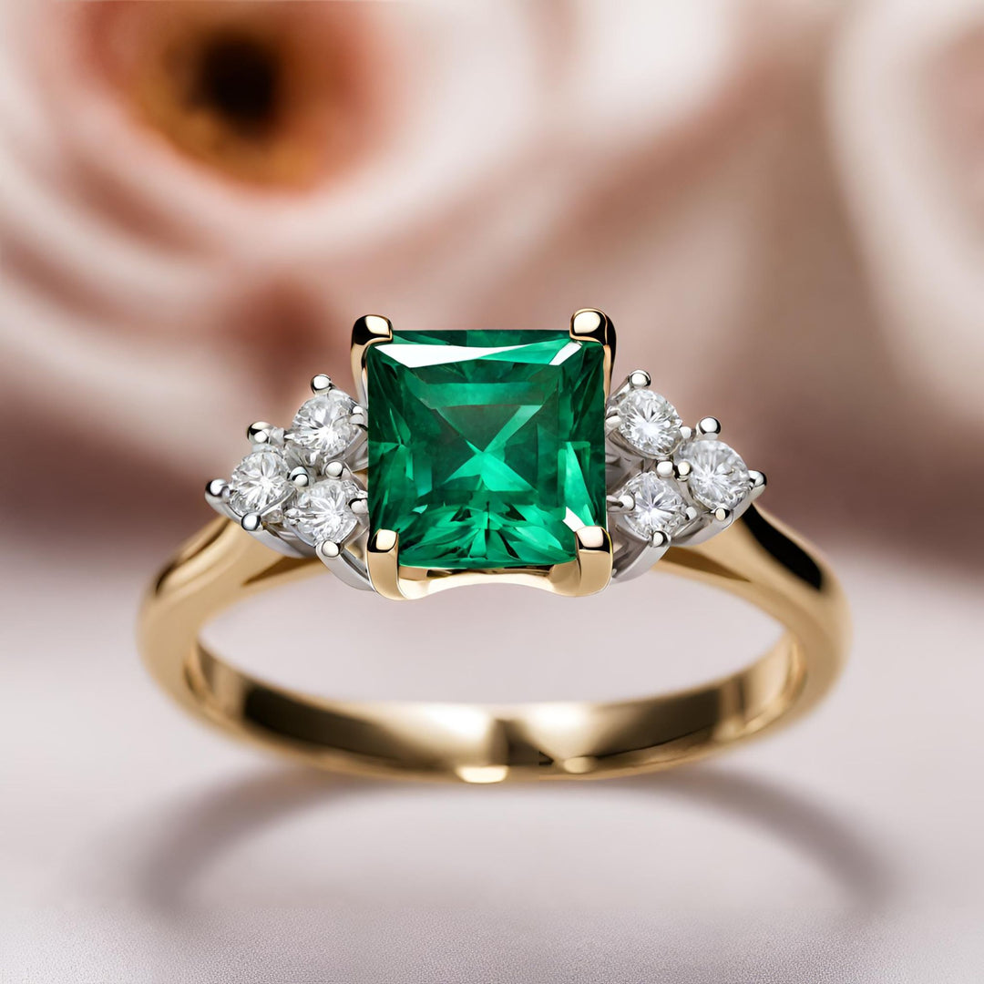 A princess cut square emerald engagement ring in a classic style with diamond accents from Rare Earth Jewelry.