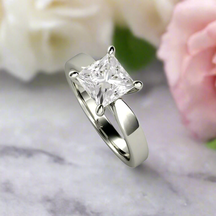 Princess Cut Moissanite Engagement Ring, Classic 4 Prong Solitaire with 3mm Wide Tapered Band in 14K or 18K Gold or Platinum | Rare Earth Jewelry