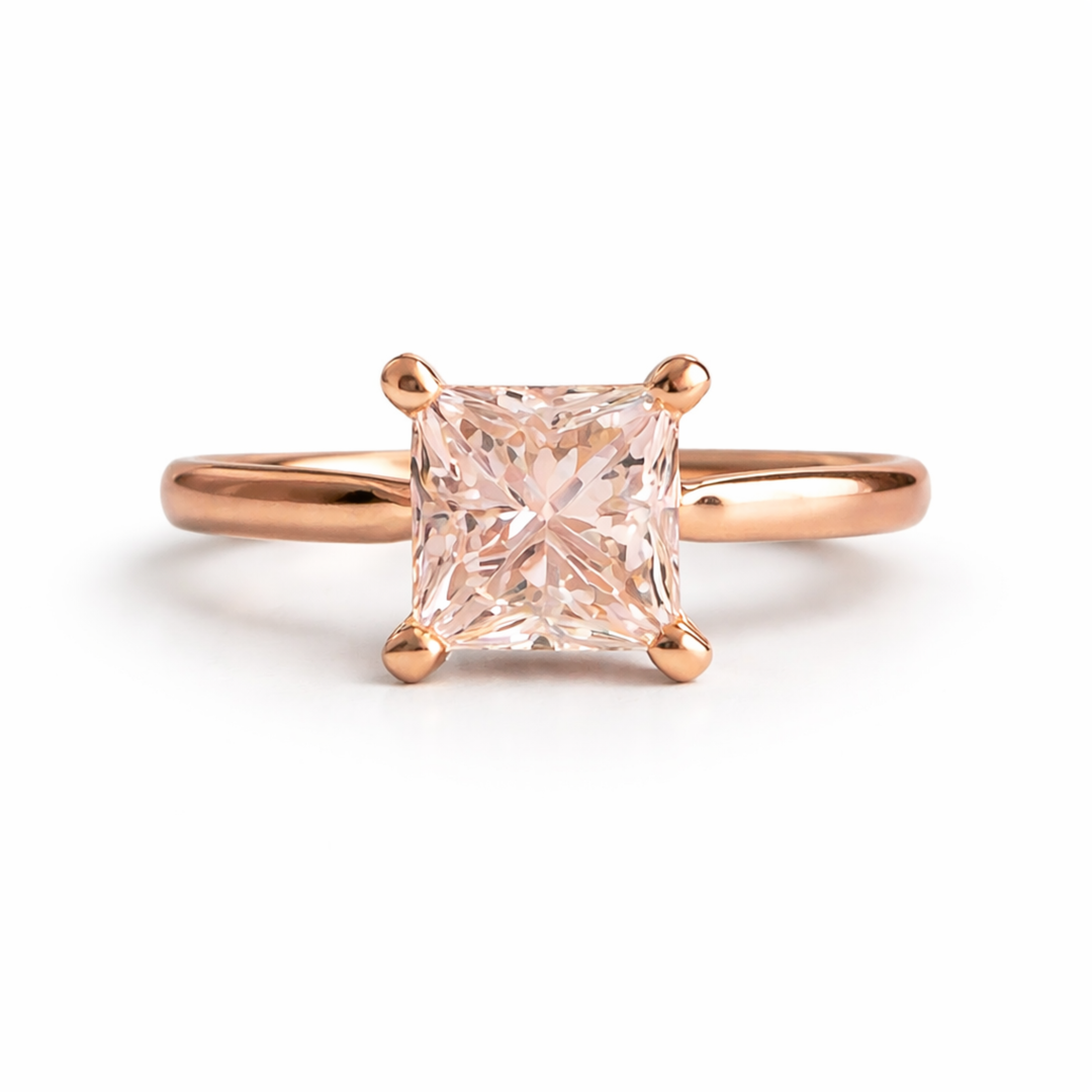 Peach Pink Princess Cut Morganite Engagement Ring In 18K Rose Gold Square Solitaire Setting | Rare Earth Jewelry