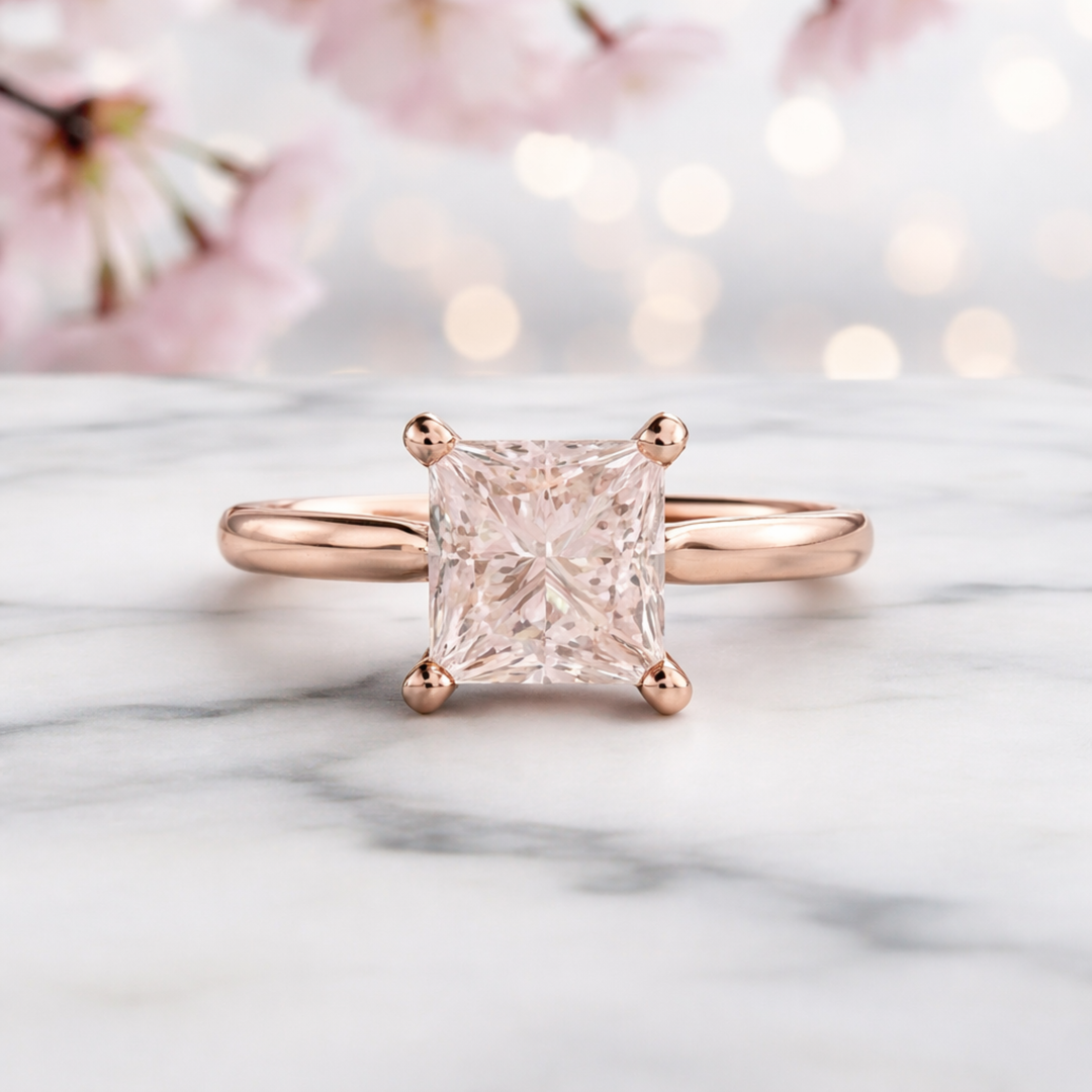 Princess Cut Morganite Engagement Ring With Peach Pink Center Stone In Classic Solitaire Setting | Rare Earth Jewelry