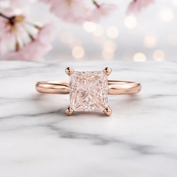 Princess Cut Morganite Engagement Ring With Peach Pink Center Stone In Classic Solitaire Setting | Rare Earth Jewelry