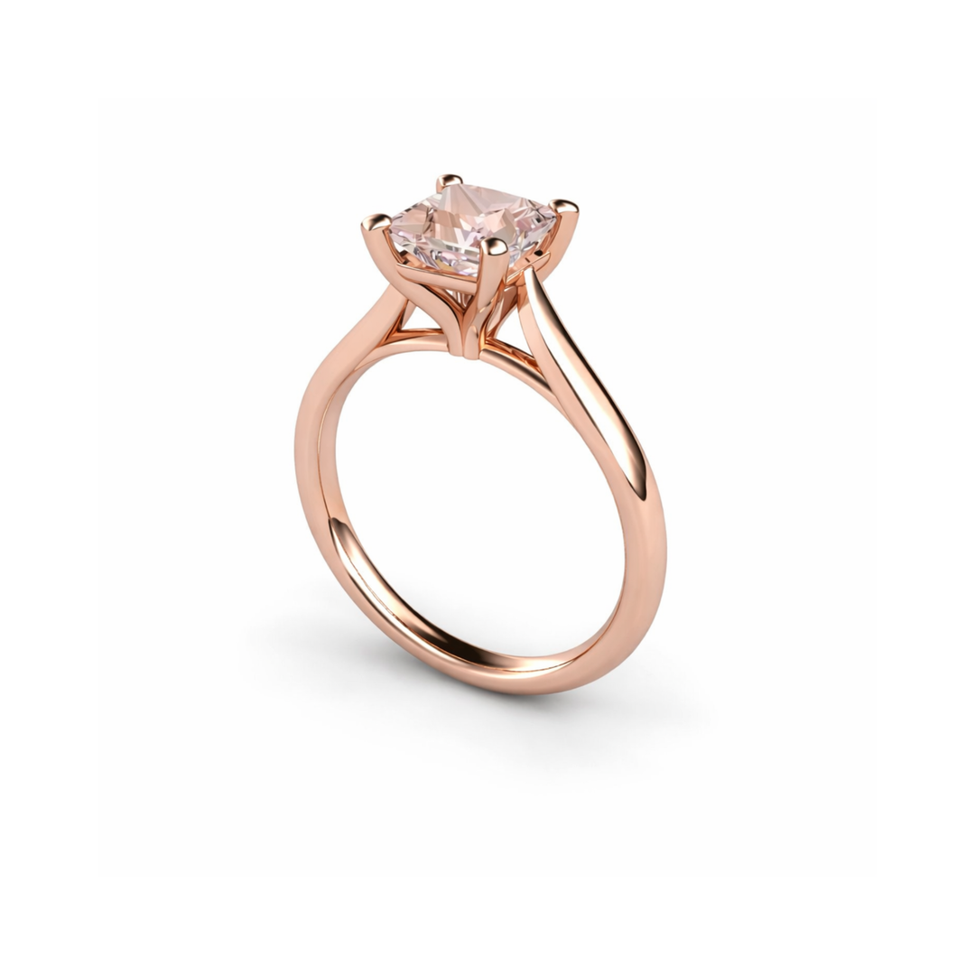 Side View Of Princess Cut Morganite Engagement Ring In Classic Four Prong Rose Gold Cathedral Setting | Rare Earth Jewelry