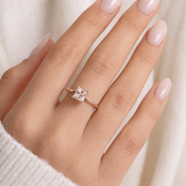 Princess Cut Morganite Solitaire Engagement Ring On Hand, Square Solitaire Ring with Pink Gemstone | Rare Earth Jewelry