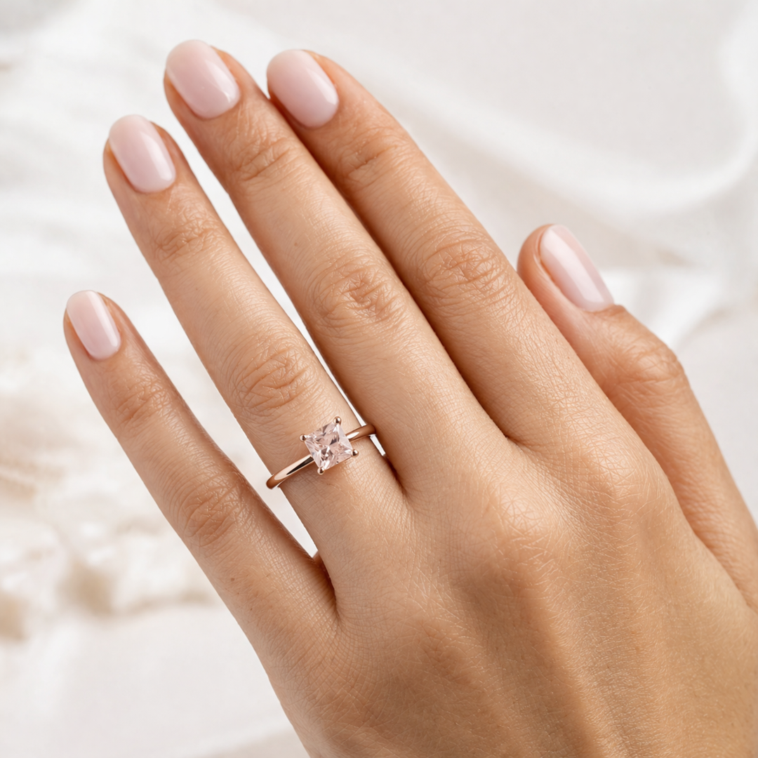 Peach Pink Morganite Princess Cut Solitaire Engagement Ring On Ring Finger | Rare Earth Jewelry