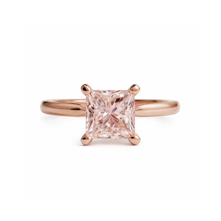 Princess Cut Morganite Engagement Ring In Classic Four Prong Rose Gold Solitaire Setting | Rare Earth Jewelry