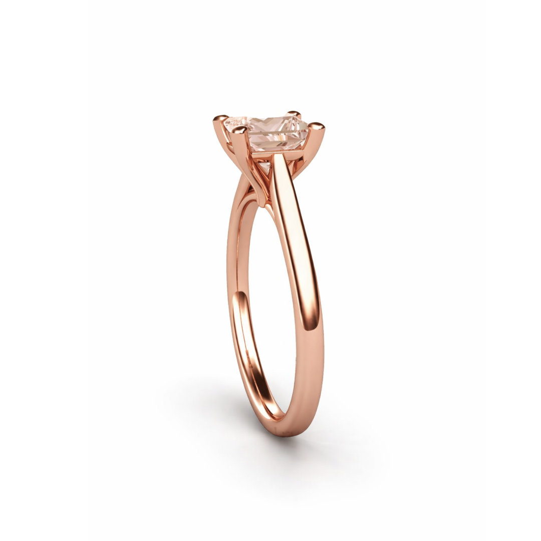 Princess Cut Morganite Solitaire Ring With Elegant Four Prong Setting In Rose Gold | Rare Earth Jewelry