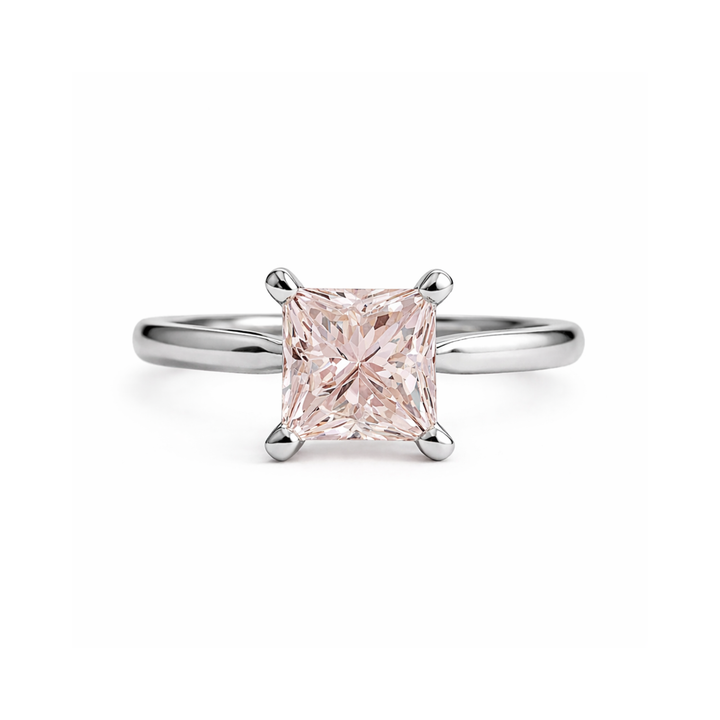 Princess Cut Morganite Solitaire Engagement Ring In White Gold 4 Prong Classic Setting | Rare Earth Jewelry